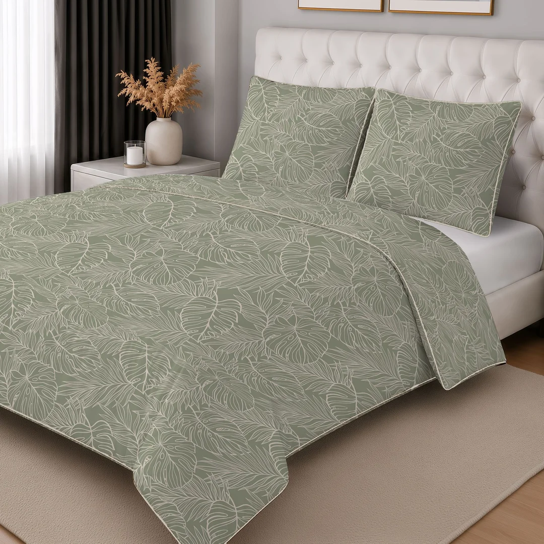 Pościel z perkalu zielona oliwkowa w gęsty wzór roślinny – 160x200 cm – Eden – wzór 5972 A — zdjęcie 2
