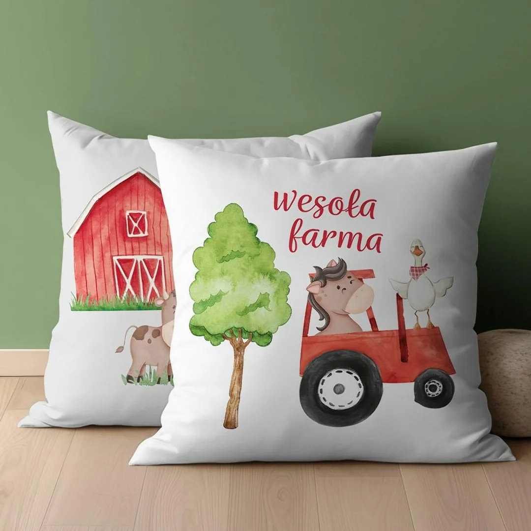 Poszewka bawełniana 40x40 Wesoła farma czarwony traktor biała szara dwustronna PSBA 04 A Mayamoo 26 — zdjęcie 2
