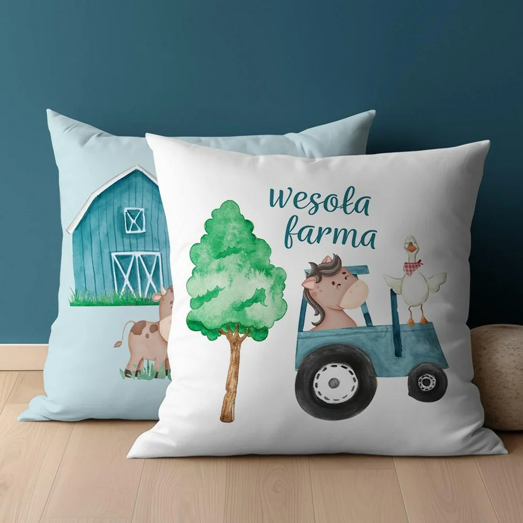 Poszewka bawełniana 40x40 Wesoła farma niebieski traktor biała niebieska dwustronna PSBA 04 B Mayamoo 26 — zdjęcie 2