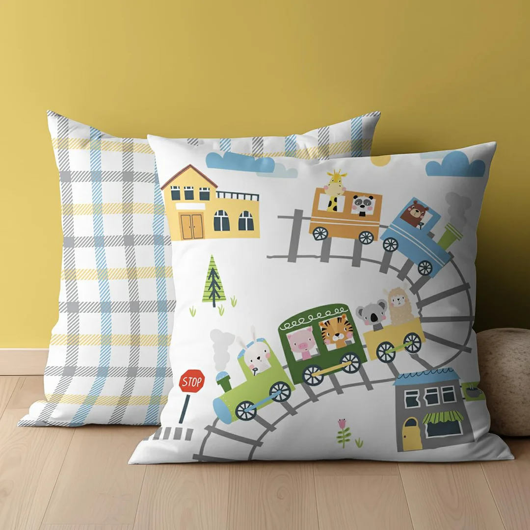 Poszewka bawełniana dziecięca 40x40 - 60 A - z pociągiem i motywem kolei biała - Sweet Dreams — zdjęcie 2
