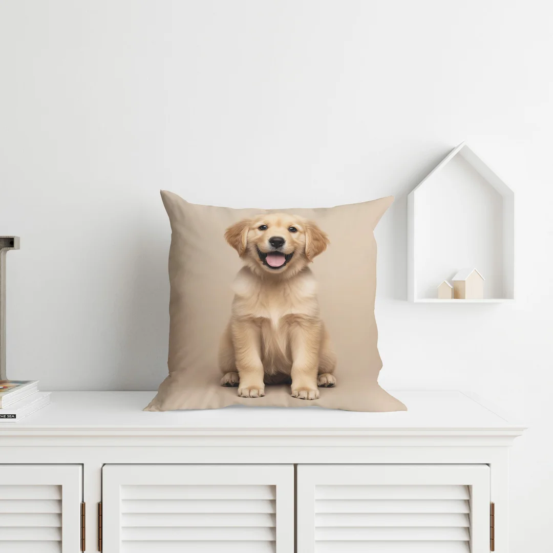 Poszewka dekoracyjna 40x40 beżowa ze szczeniakiem golden retrievera MF067 A – poszewka 3D z motywem zwierzęcym - Fun Dreams — zdjęcie 2