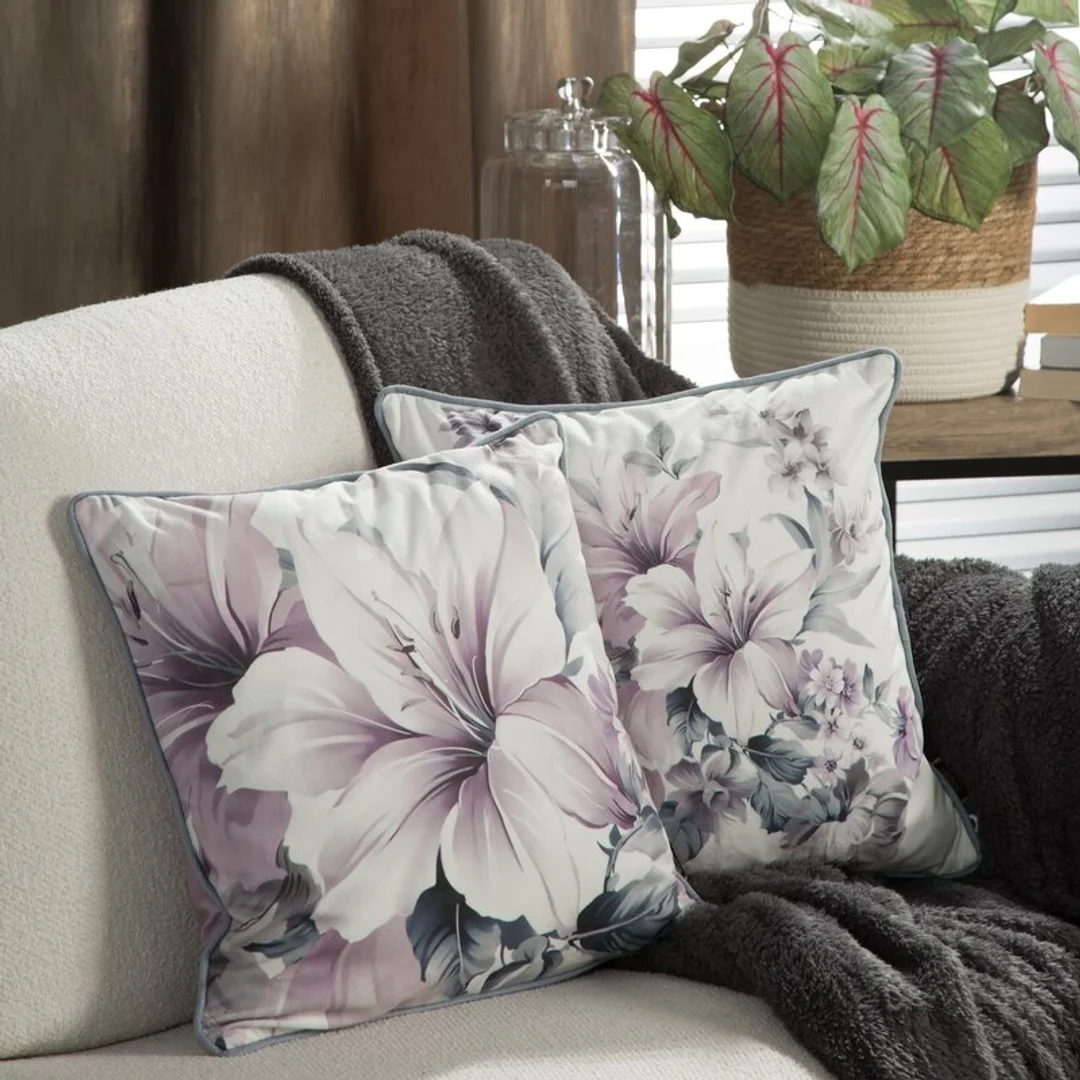 Poszewka dekoracyjna 45x45 Velvet 06 fioletowa kremowa kwiaty welwetowa Eurofirany — zdjęcie 3