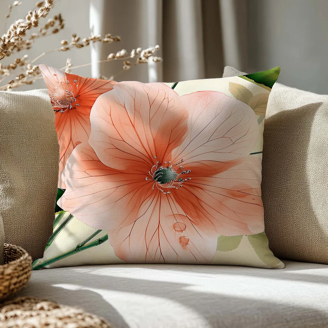 Poszewka satynowa 40x40 kremowa w pomarańczowe kwiaty 12422 SATYNLOVE PREMIUM — zdjęcie 2