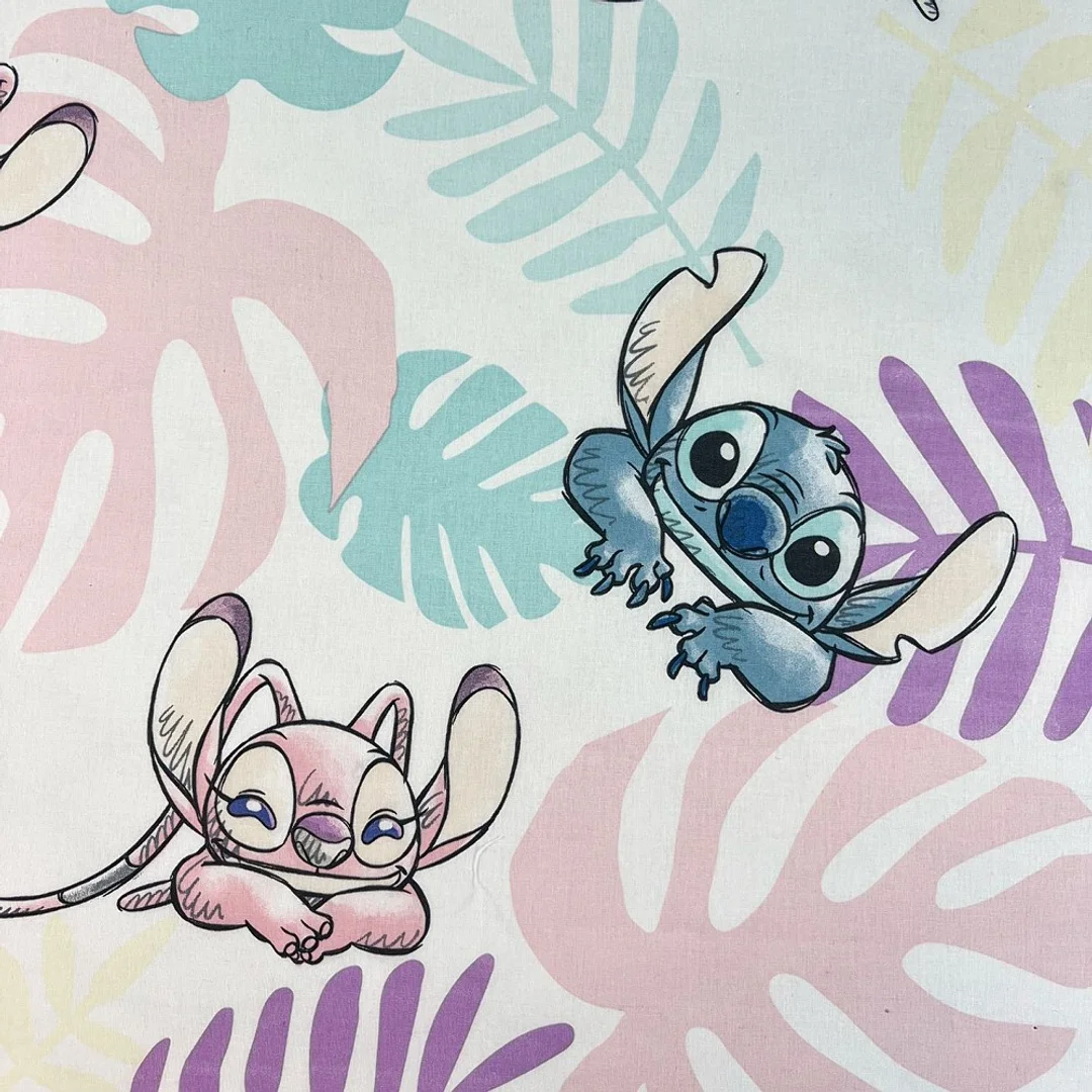 Prześcieradło bawełniane z gumką 90x200 Lilo I Stitch liście pastelowe kolorowe dla dzieci JF24 — zdjęcie 2
