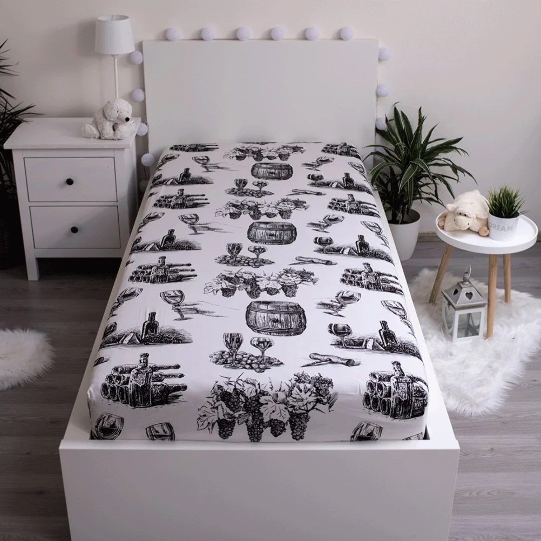 Prześcieradło bawełniane z gumką 90x200 Wino 0264 beczki białe czarne — zdjęcie 2