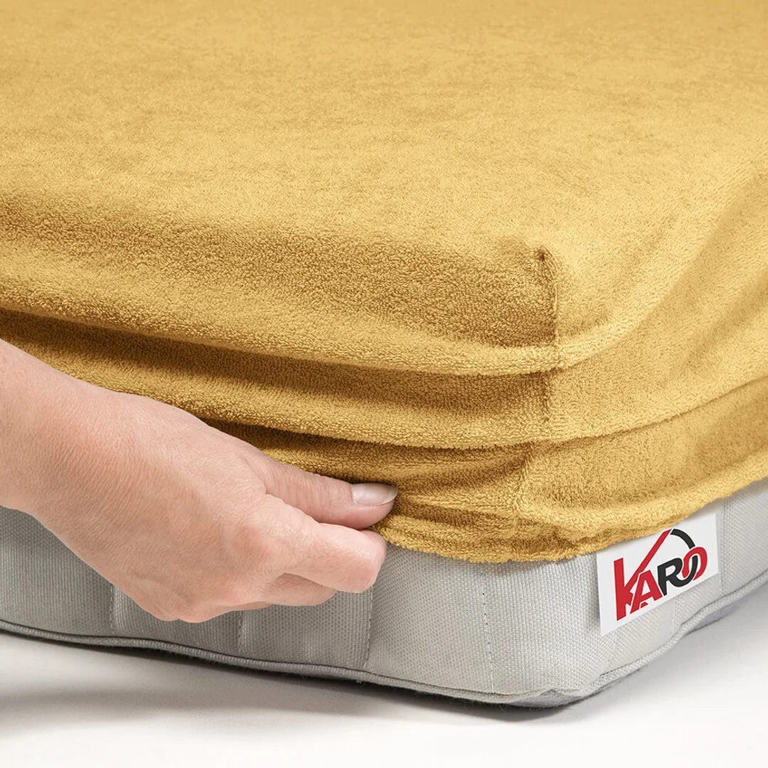 Prześcieradło frotte z gumką 160x200 musztardowe piaskowe 056 grube 200g/m2 KARO — zdjęcie 2