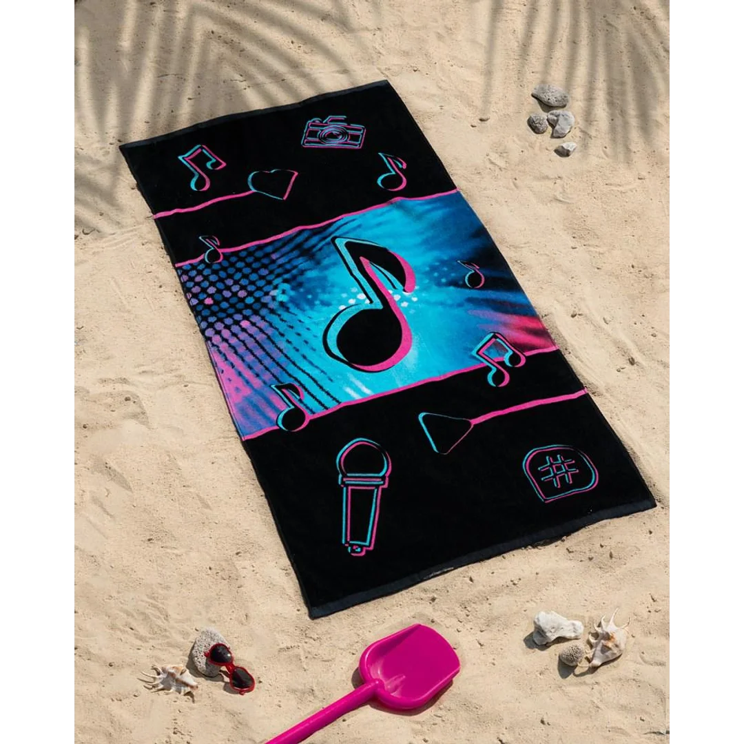 Ręcznik plażowy 70x140 Nutki Świat muzyki czarny niebieski róż 1118 dziecięcy bawełniany młodzieżowy mikrofon — zdjęcie 2