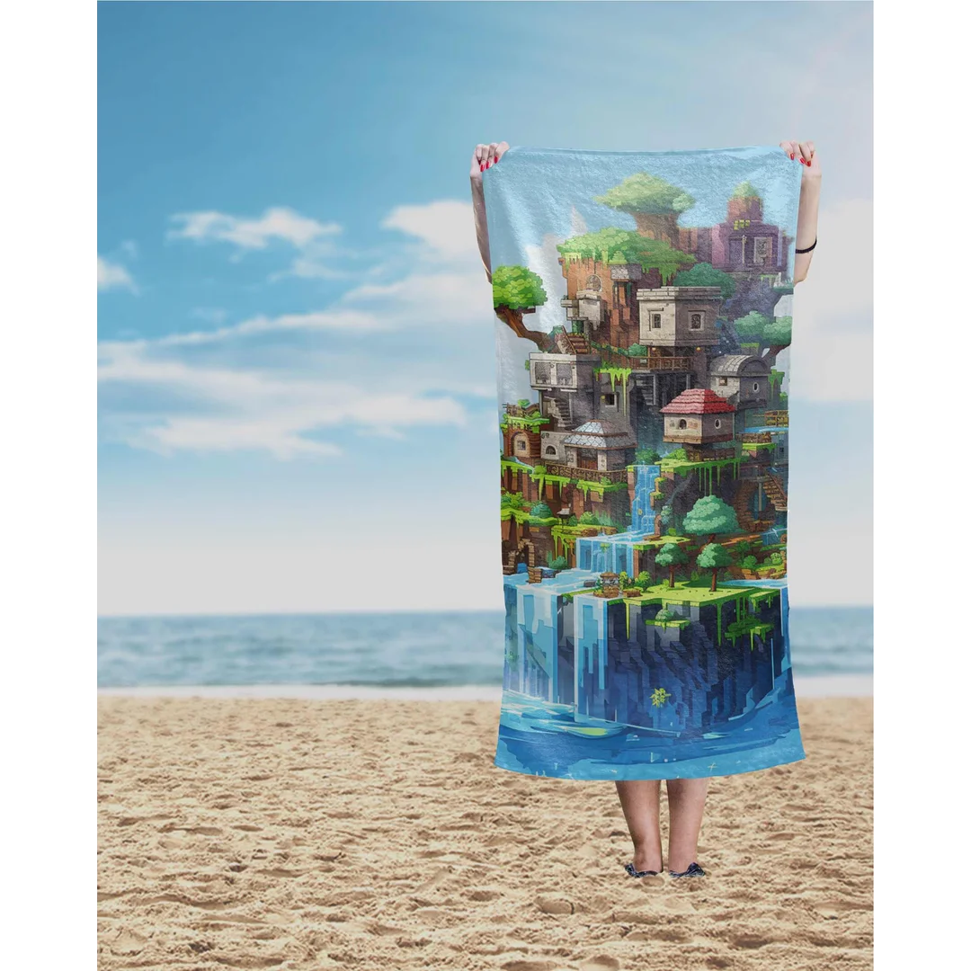 Ręcznik plażowy 70x140 Pikselowy świat niebieski kolorowy dziecięcy bawełniany — zdjęcie 2