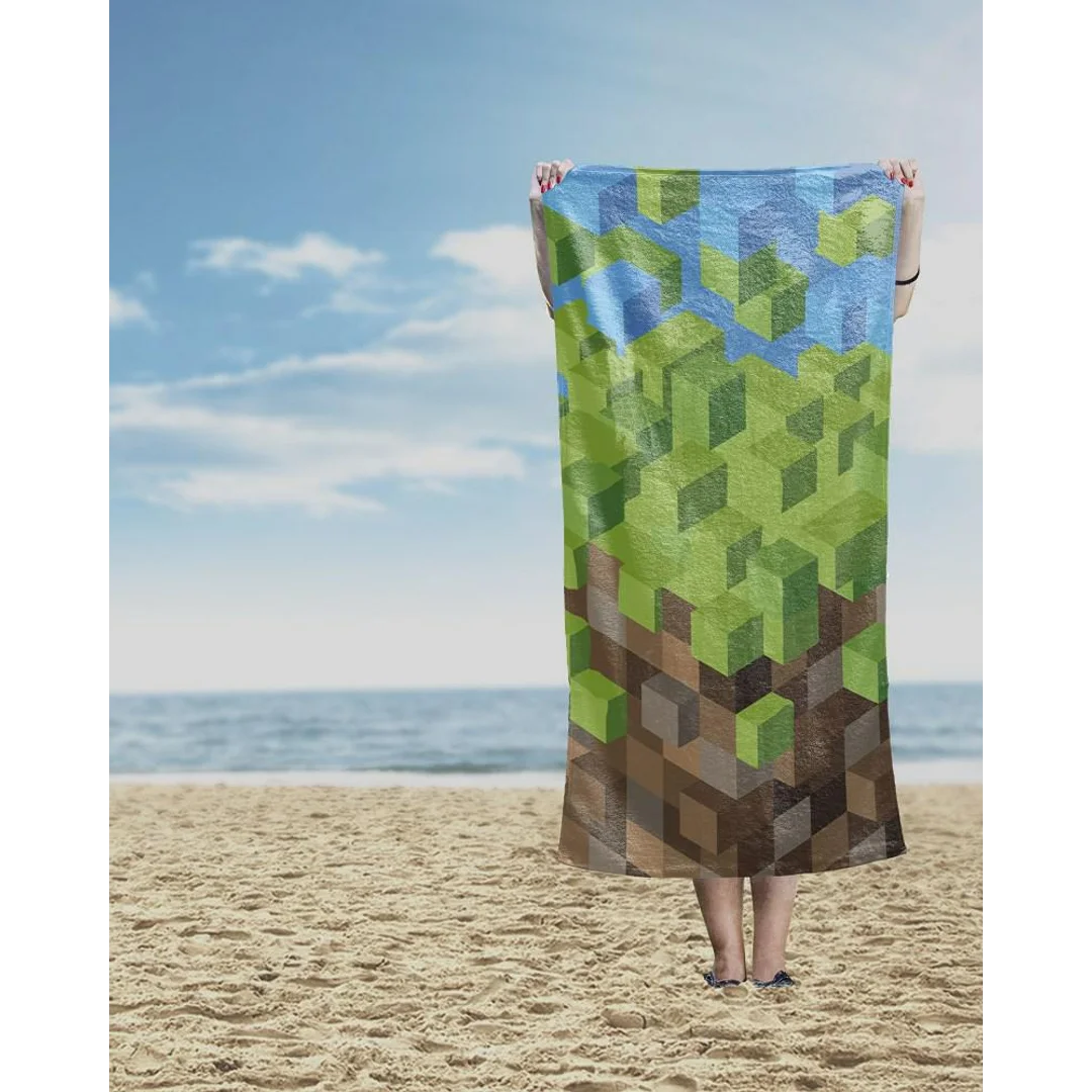Ręcznik plażowy 70x140 Pikselowy świat zielony brązowy dziecięcy bawełniany — zdjęcie 3