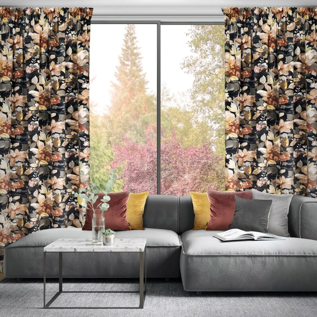 Zasłona 140x300 Betty grafitowa beżowa kwiaty welurowa gotowa na taśmie Eurofirany — zdjęcie 15