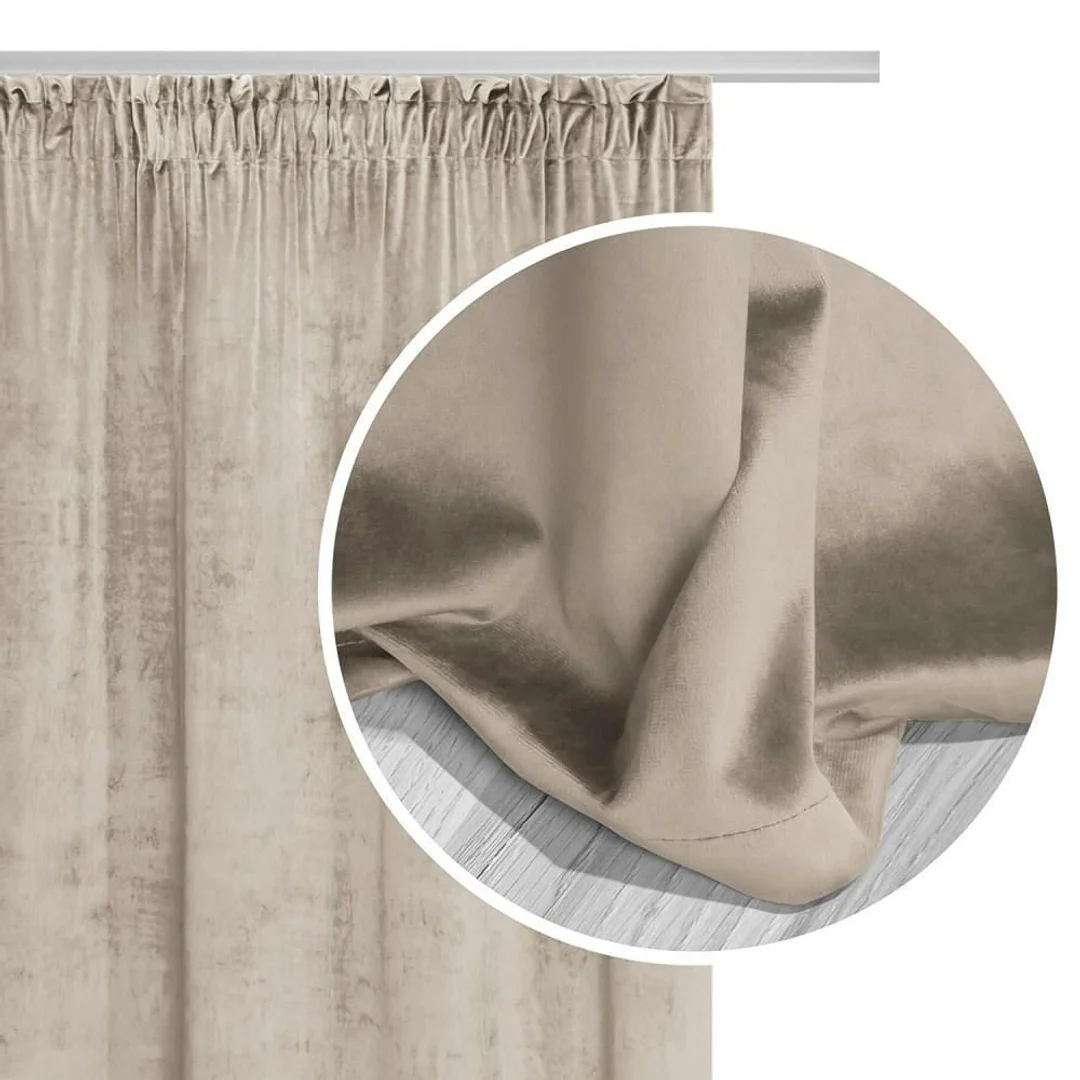 Zasłona gotowa 140x270 beżowa welurowa na taśmie soft Velvet do salonu — zdjęcie 3