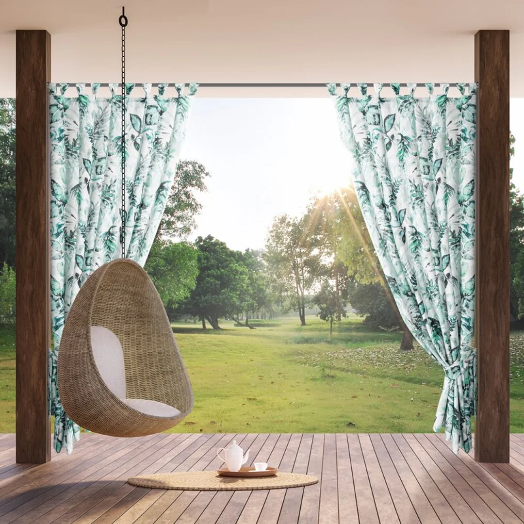 Zasłona gotowa 155x200 Garden 2 biała zielona liście do ogrodu wodoodporna mocowana na szelki/rzep Eurofirany — zdjęcie 2