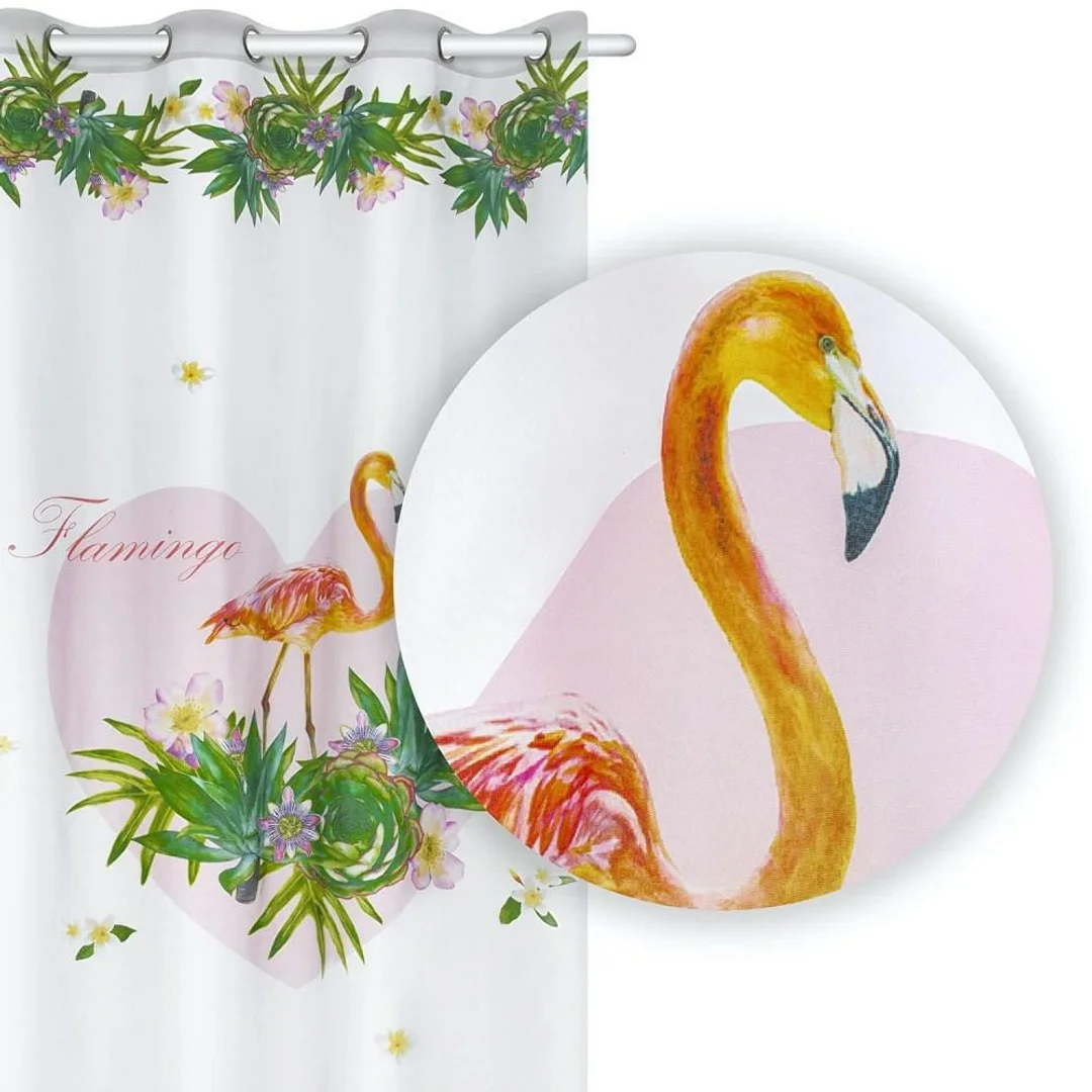 Zasłona gotowa Flamingi 140x250 palmy kwiaty serce biała różowa pomarańczowa zielona na przelotkach młodzieżowa Havana — zdjęcie 2