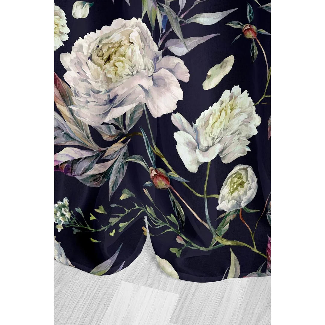 Zasłona Peony 140x250 peonie kwiaty czarna gotowa na przelotkach do salonu — zdjęcie 3