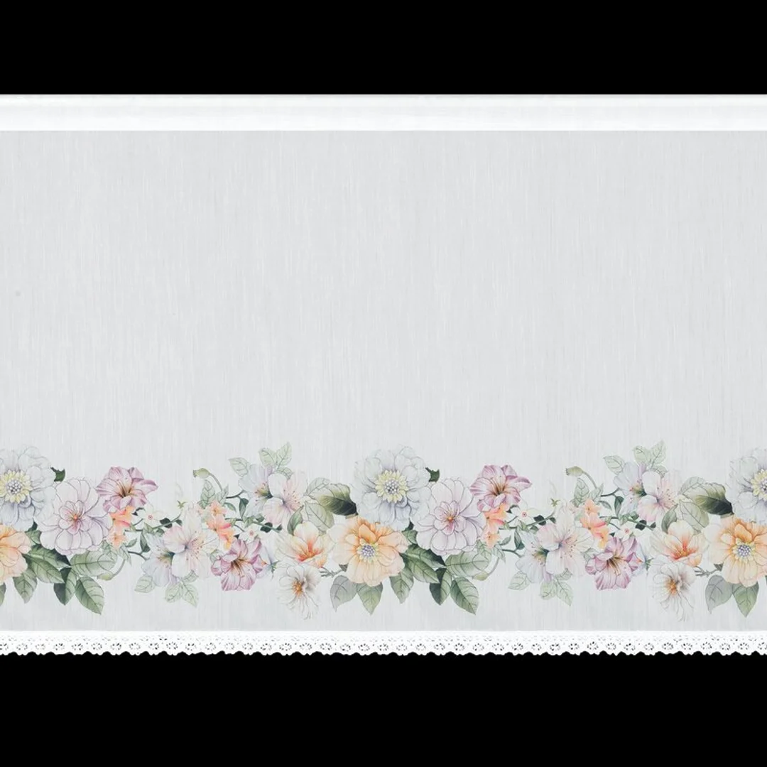 Zazdrostka 150x60 Flowery biała z nadrukiem roślinnym gotowa na taśmie Eurofirany — zdjęcie 3