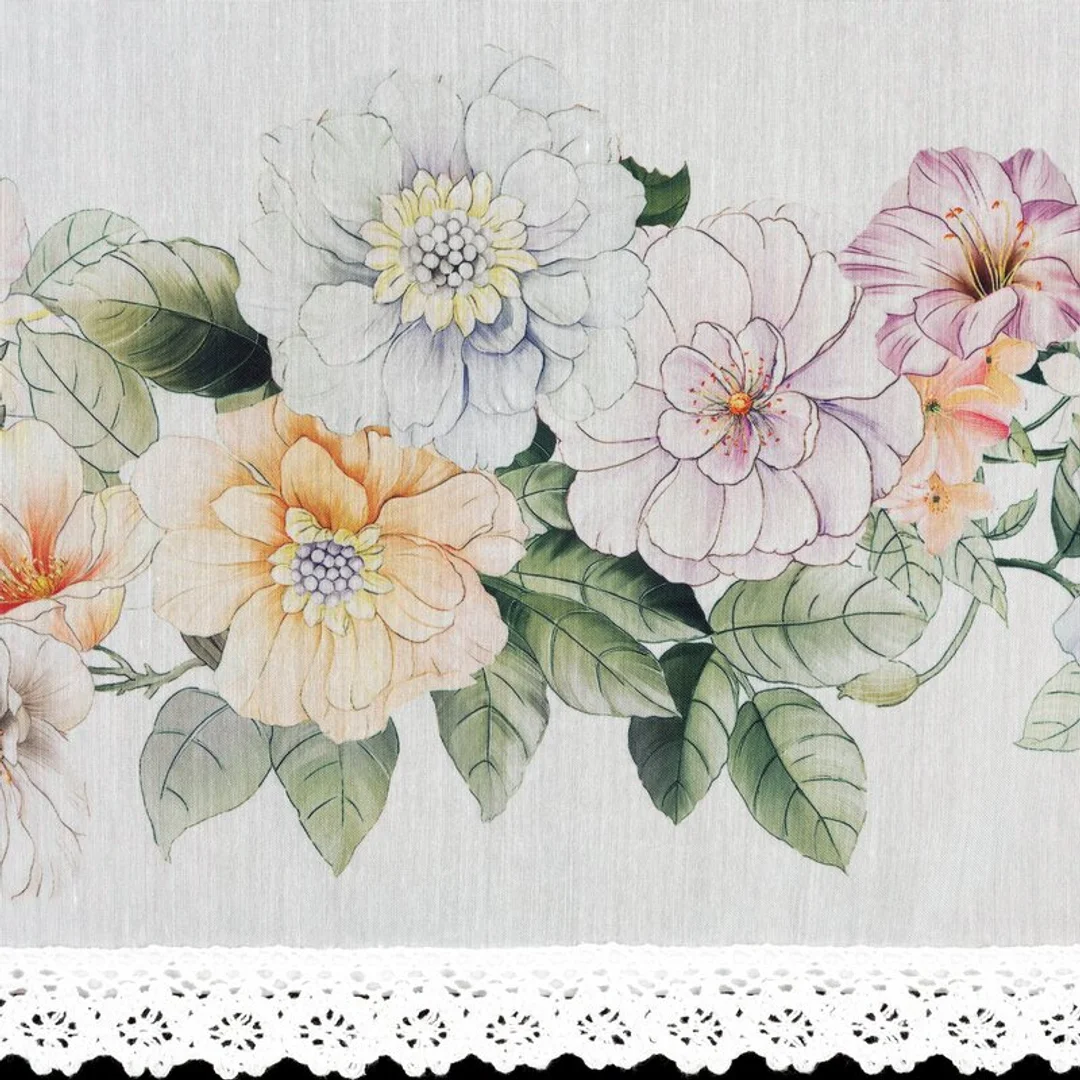 Zazdrostka 150x60 Flowery biała z nadrukiem roślinnym gotowa na taśmie Eurofirany — zdjęcie 5