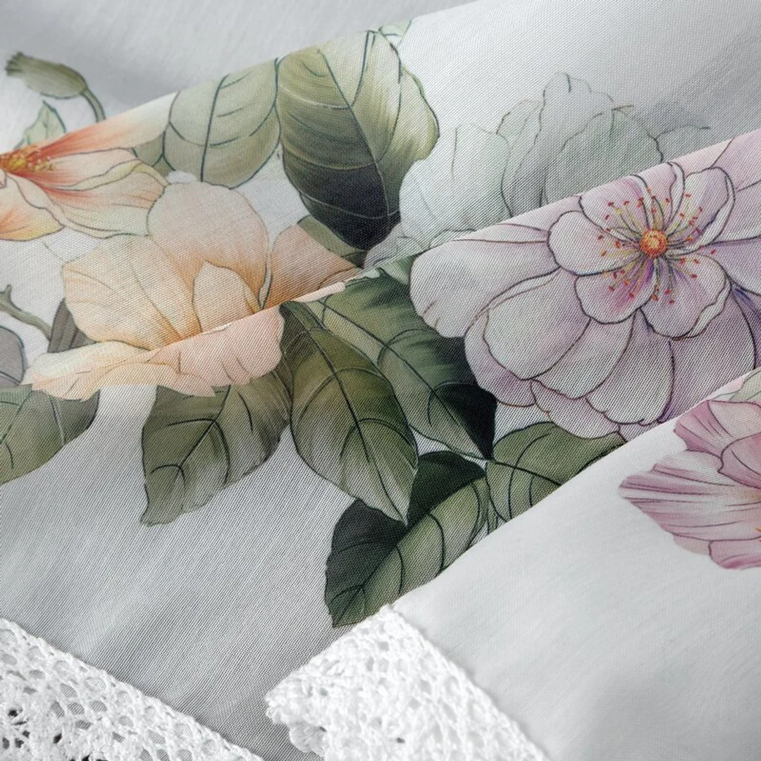 Zazdrostka 150x60 Flowery biała z nadrukiem roślinnym gotowa na taśmie Eurofirany — zdjęcie 6