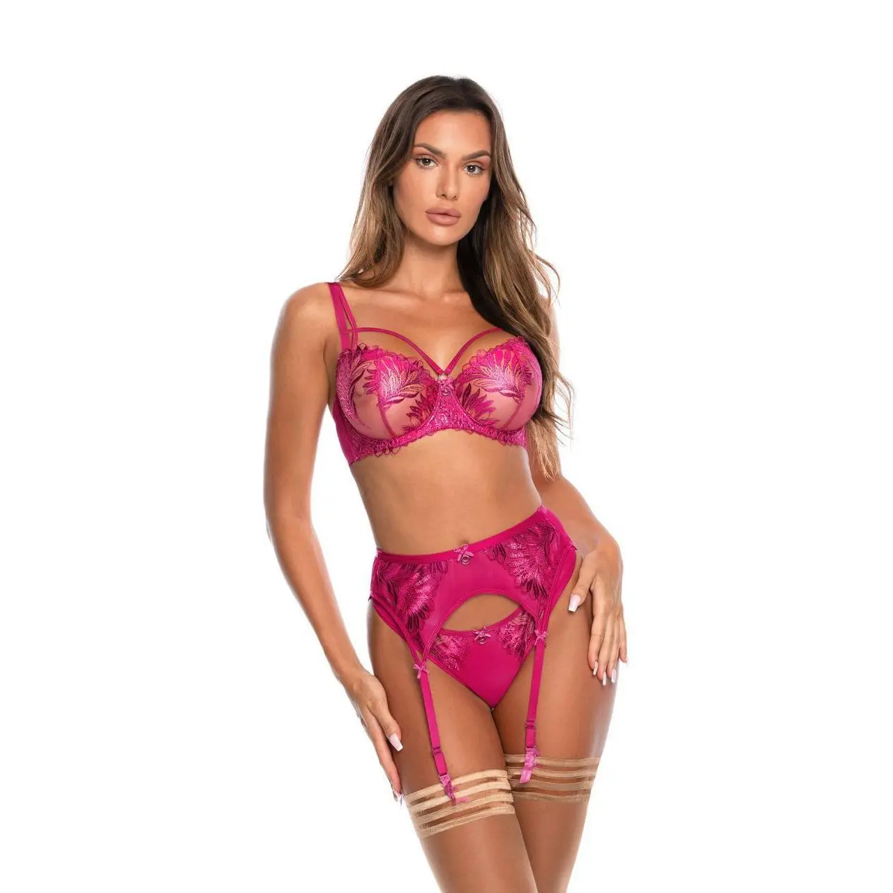 Gorsety, body, pasy Pas do pończoch Model V-10252 Brillance Fuksja - Axami