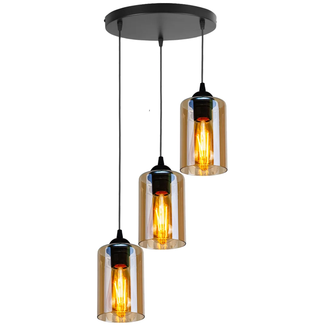 Bistro lampa wisząca czarny talerz 3x40w e27 klosz brązowy