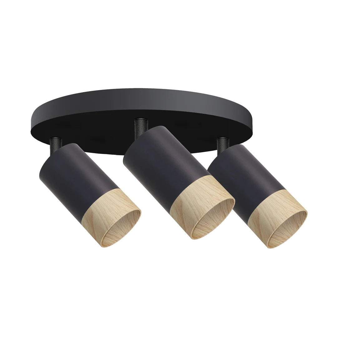 Conti lampa sufitowa plafon 3x15W GU10 czarny metal klosze czarne z drewnem nowoczesna oprawa oświetleniowa salon kuchnia sypialnia loft