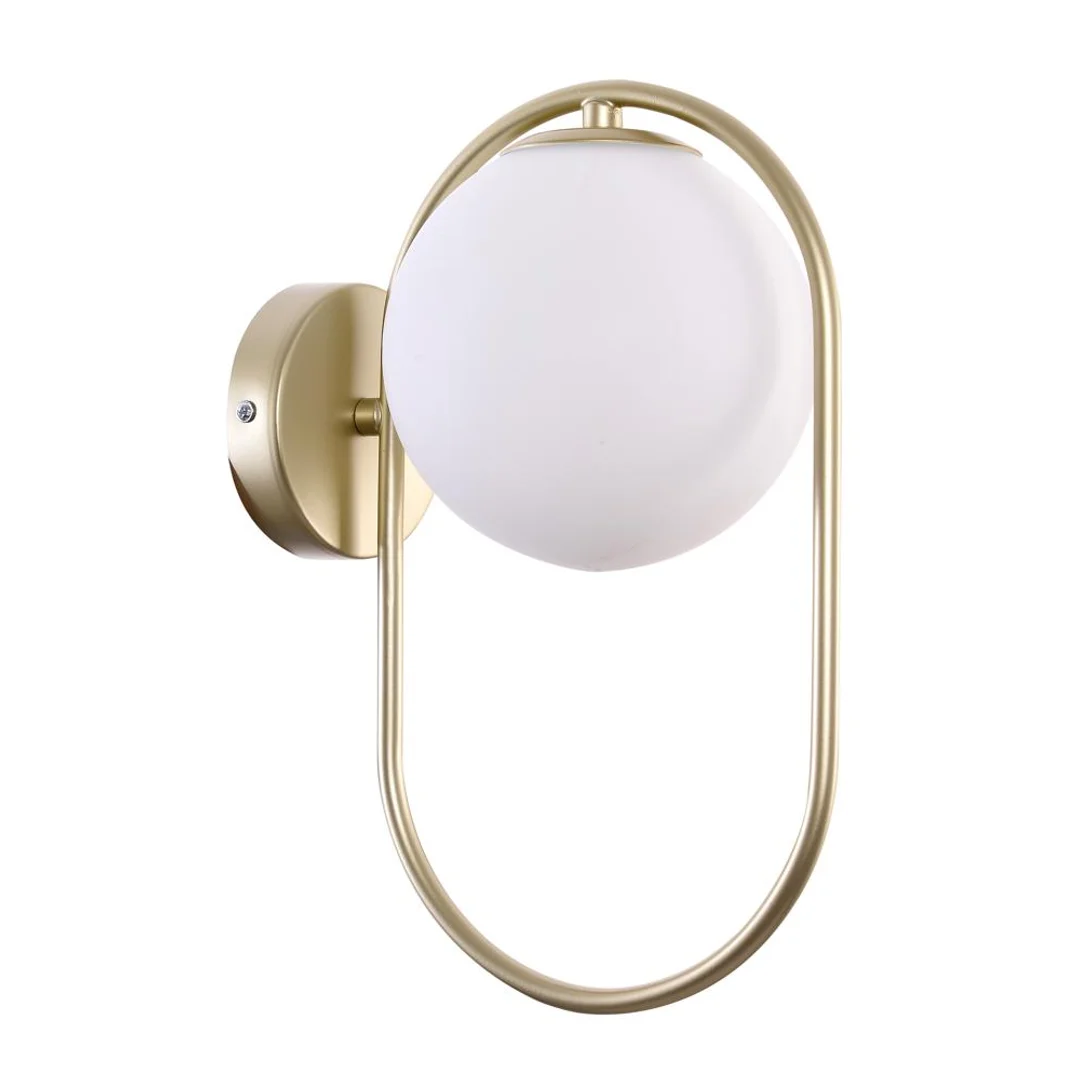Kinkiet ścienny CORDEL elegancki – złoty mosiądzowany ring z mlecznym kloszem kulką - elegancka lampa ścienna G9 LED