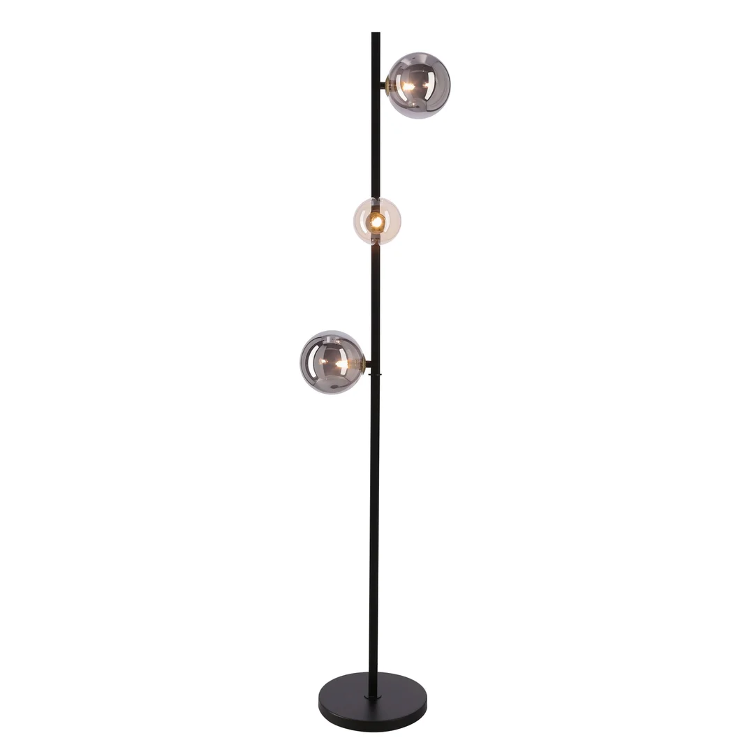 Lampa podłogowa Kama 3x28W G9 czarna i złota, klosze grafitowe i bursztynowe, elegancka lampa stojąca, nowoczesny design do salonu