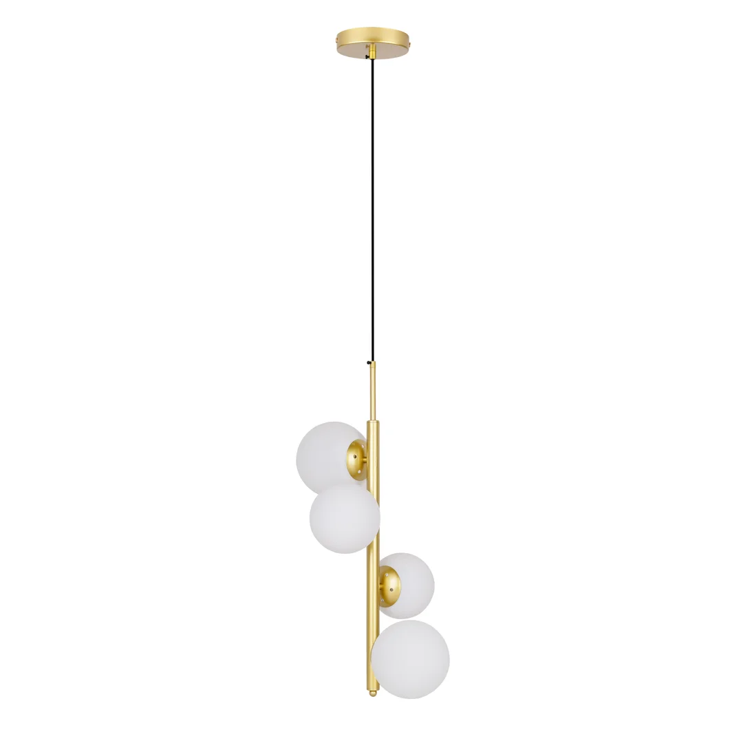 Lampa wisząca CORDEL elegancka - złoty mosiądz z białymi kloszami kulkami - designerska lampa do salonu 4x G9 LED