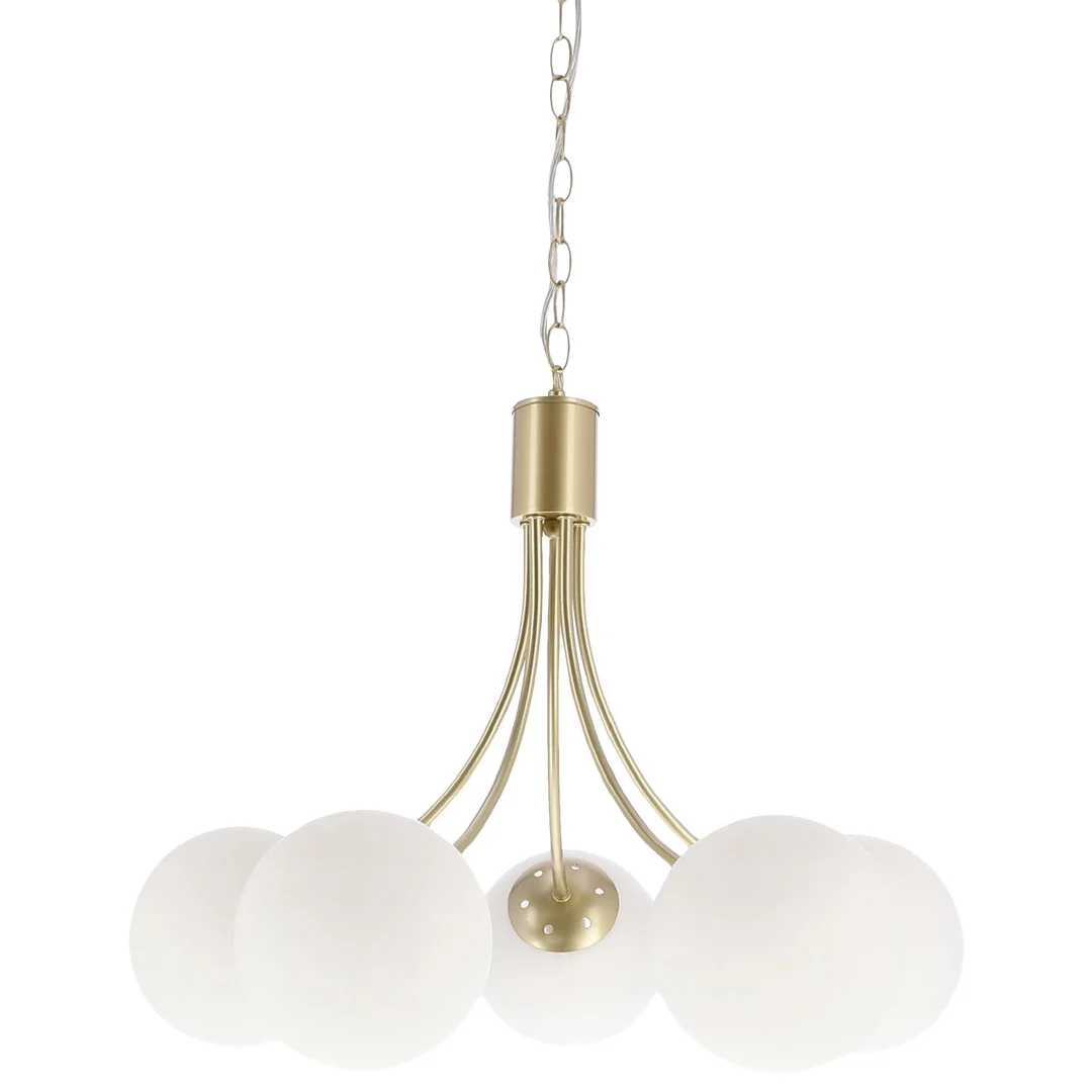 Lampa wisząca Dani 5x40W E14 mosiądz, biały klosz, elegancka oprawa sufitowa do salonu, styl klasyczny i nowoczesny, pięć punktów światła