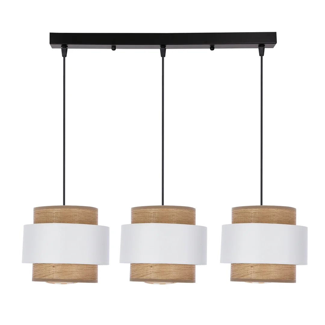 Lampa wisząca Forni 3xE27 40W czarna, abażury biały i orzechowy nowoczesna do salonu, jadalni, kuchni, metalowa, tkaninowa