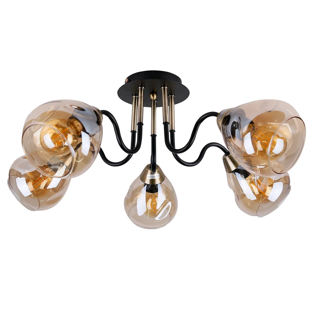 Unica lampa sufitowa czarny+złoty 5x40w e27 klosz dymiony