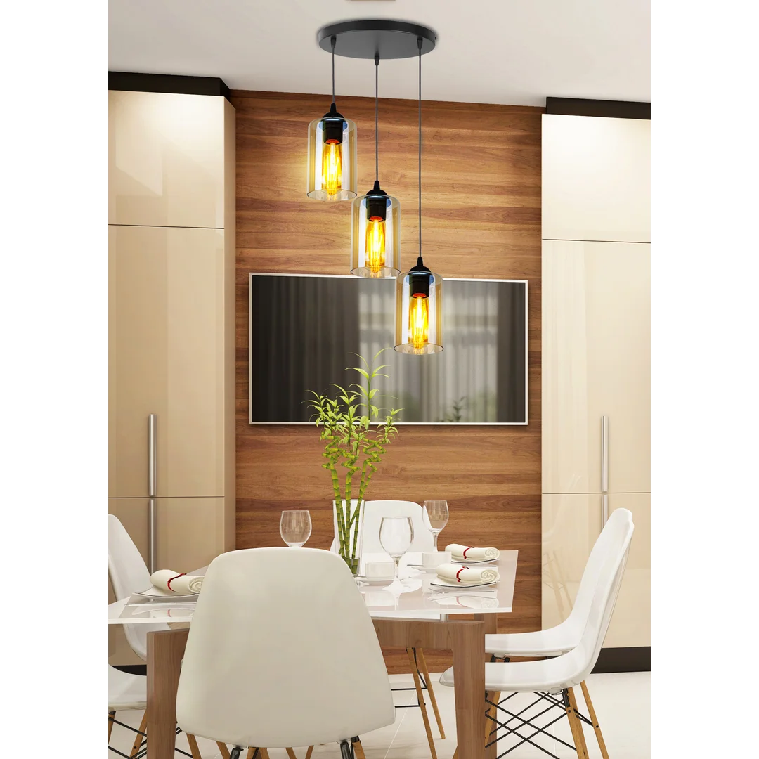 Bistro lampa wisząca czarny talerz 3x40w e27 klosz brązowy — zdjęcie 2