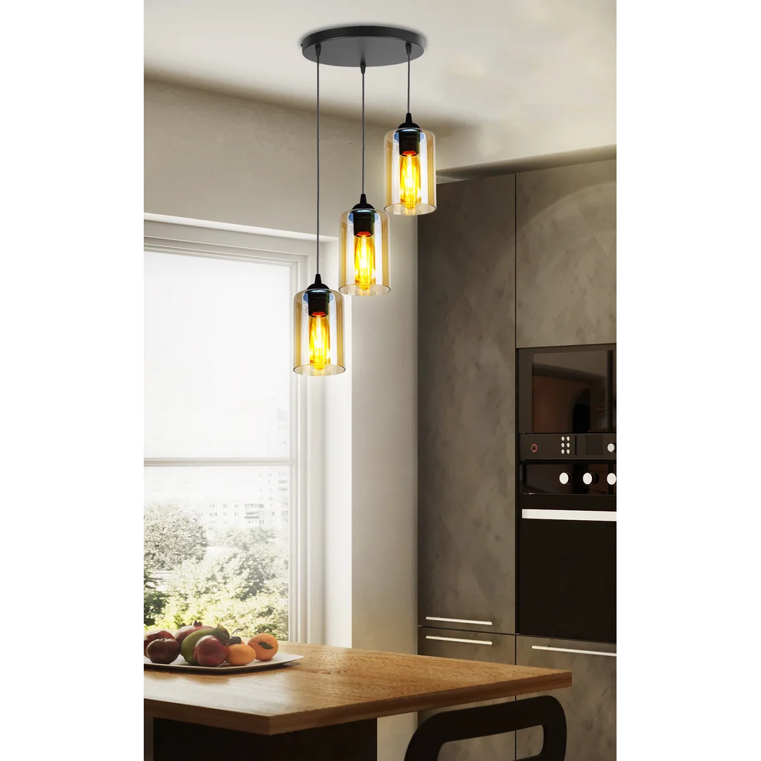 Bistro lampa wisząca czarny talerz 3x40w e27 klosz brązowy — zdjęcie 3