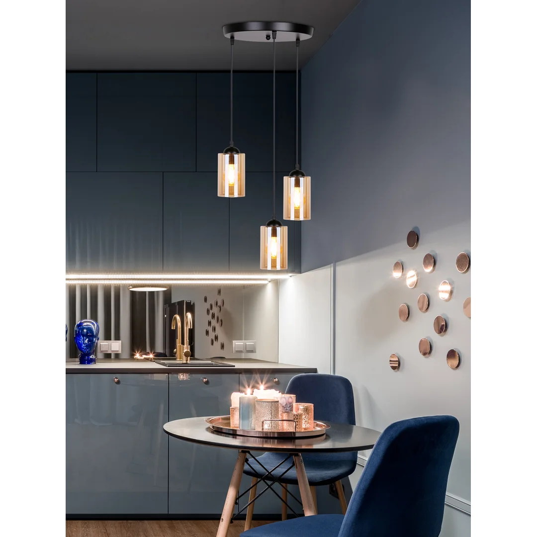 Bistro lampa wisząca czarny talerz 3x40w e27 klosz brązowy — zdjęcie 8