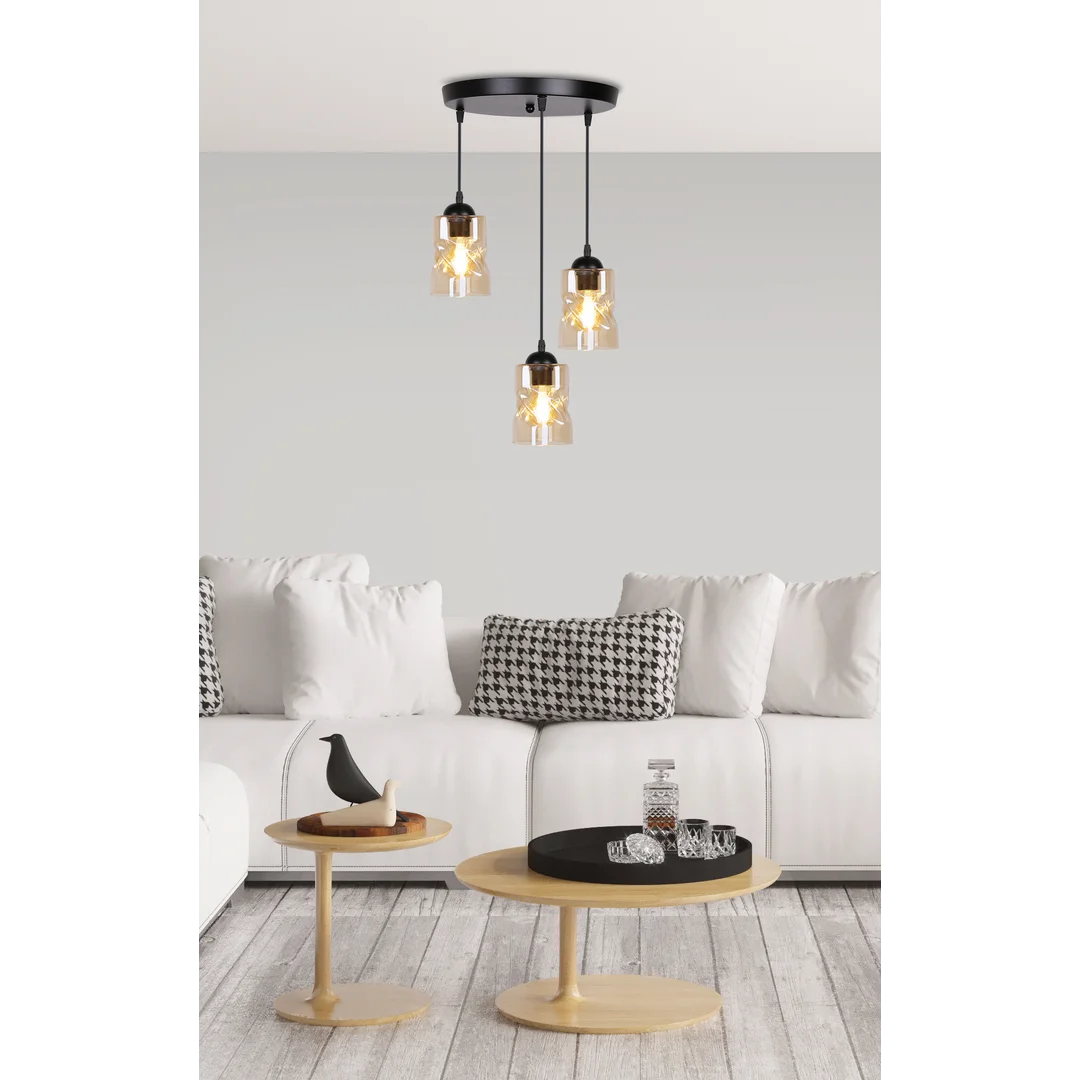 Felis lampa wisząca talerz czarny 3x60w e27 klosz bursztynowy — zdjęcie 6