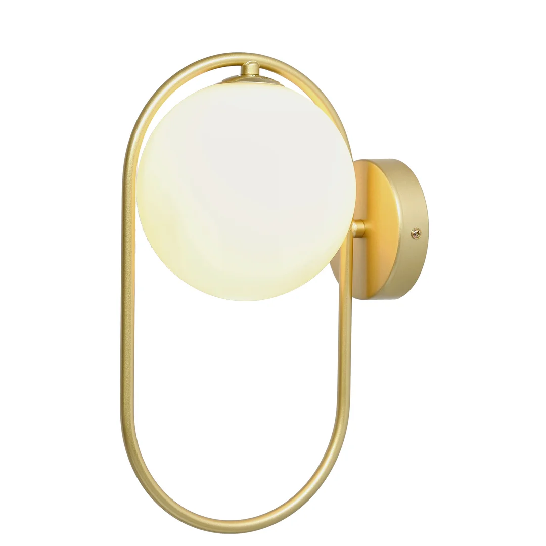 Kinkiet ścienny CORDEL elegancki – złoty mosiądzowany ring z mlecznym kloszem kulką - elegancka lampa ścienna G9 LED — zdjęcie 6
