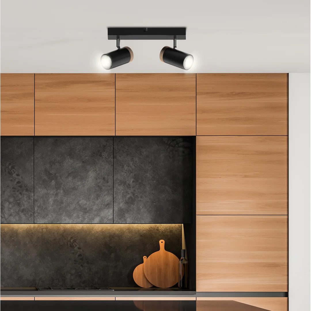 LAGOS LAMPA SUFITOWA CZARNY 2X15 GU10 KLOSZ CZARNY+DREWNIANY — zdjęcie 2
