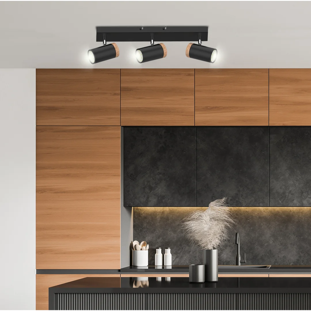 LAGOS LAMPA SUFITOWA CZARNY 3X15W GU10 KLOSZ CZARNY+DREWNIANY — zdjęcie 2