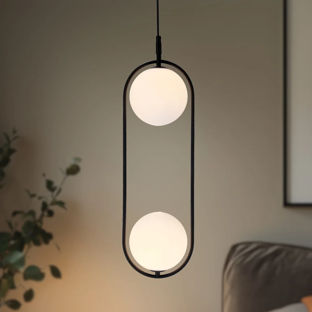 Lampa wisząca CORDEL elegancka - czarna z białymi kloszami kulkami - nowoczesne oświetlenie salonu 2x G9 LED — zdjęcie 10