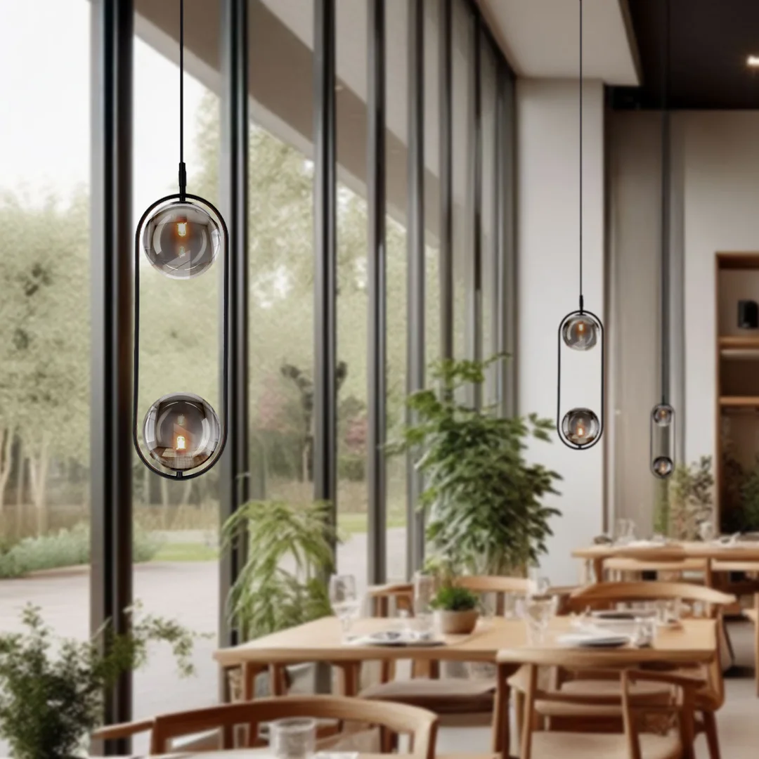 Lampa wisząca CORDEL elegancka - czarna z grafitowymi kloszami kulkami - minimalistyczne oświetlenie salonu 2x G9 LED — zdjęcie 3
