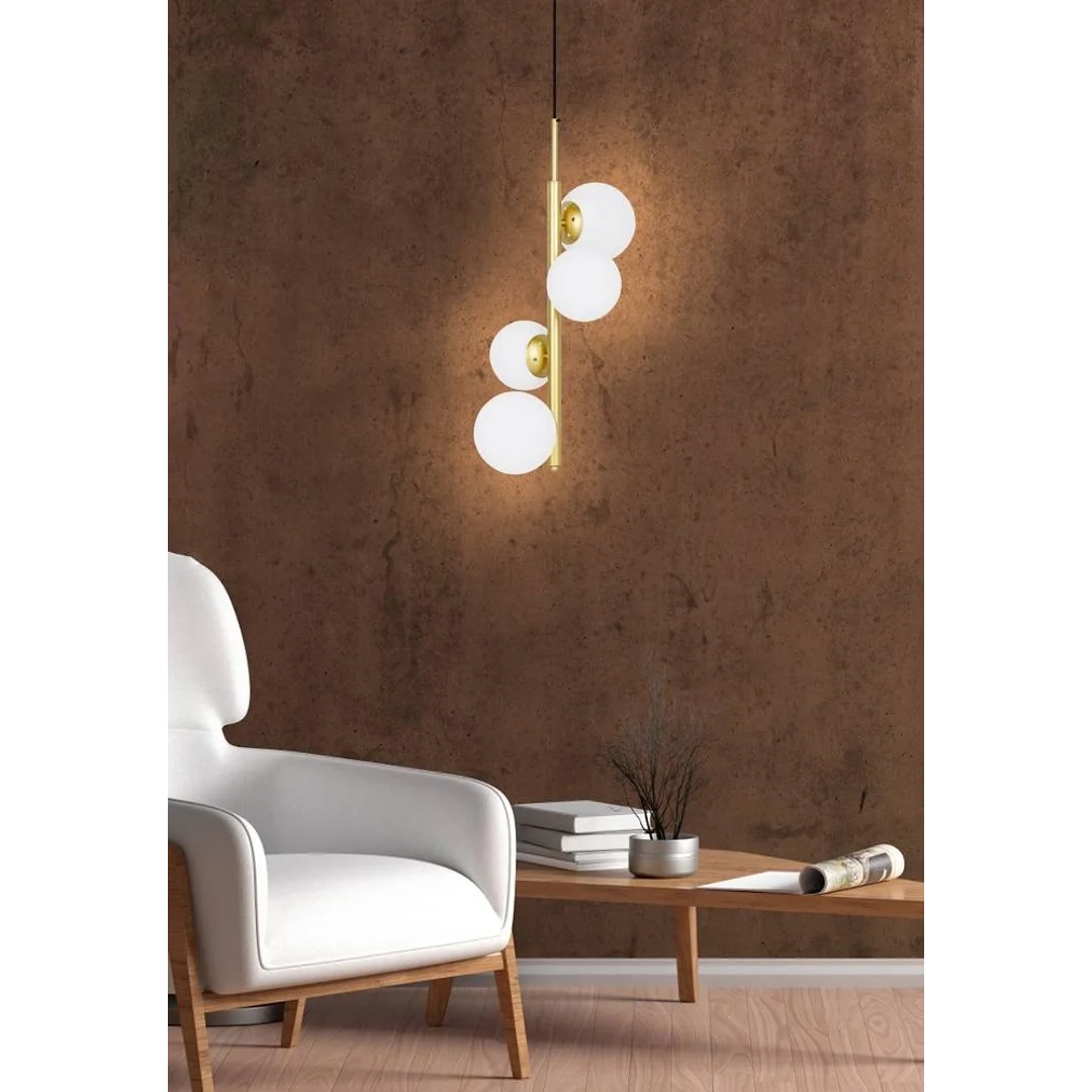 Lampa wisząca CORDEL elegancka - złoty mosiądz z białymi kloszami kulkami - designerska lampa do salonu 4x G9 LED — zdjęcie 2