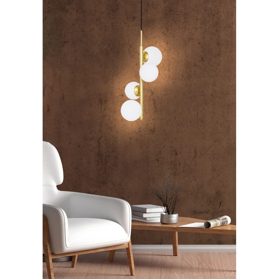 Lampa wisząca CORDEL elegancka - złoty mosiądz z białymi kloszami kulkami - designerska lampa do salonu 4x G9 LED — zdjęcie 7