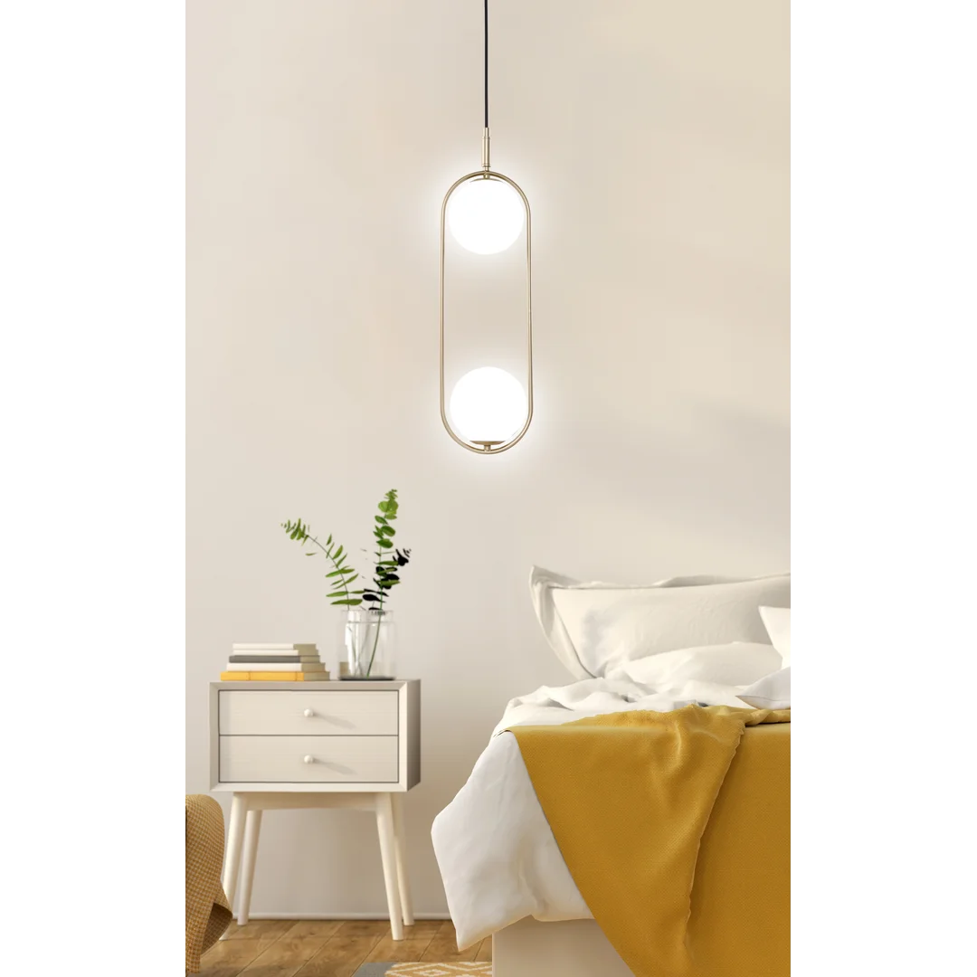 Lampa wisząca CORDEL elegancka - złoty mosiądz z białymi kloszami kulkami - nowoczesne oświetlenie salonu 2x G9 LED — zdjęcie 12