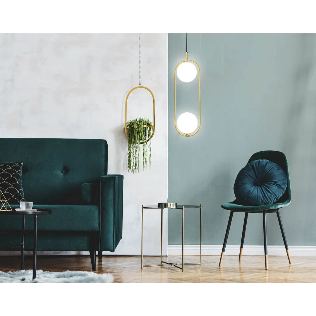 Lampa wisząca CORDEL elegancka - złoty mosiądz z białymi kloszami kulkami - nowoczesne oświetlenie salonu 2x G9 LED — zdjęcie 13