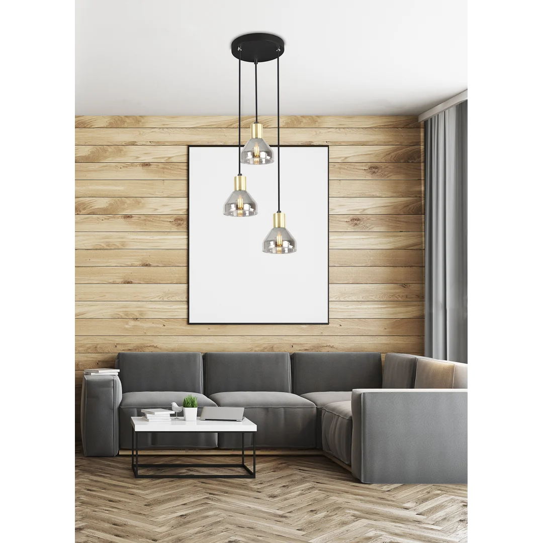LAMPA WISZĄCA GREGORY TALERZ CZARNY BRĄZ 3X40W E14 KLOSZ DYMIONY — zdjęcie 2