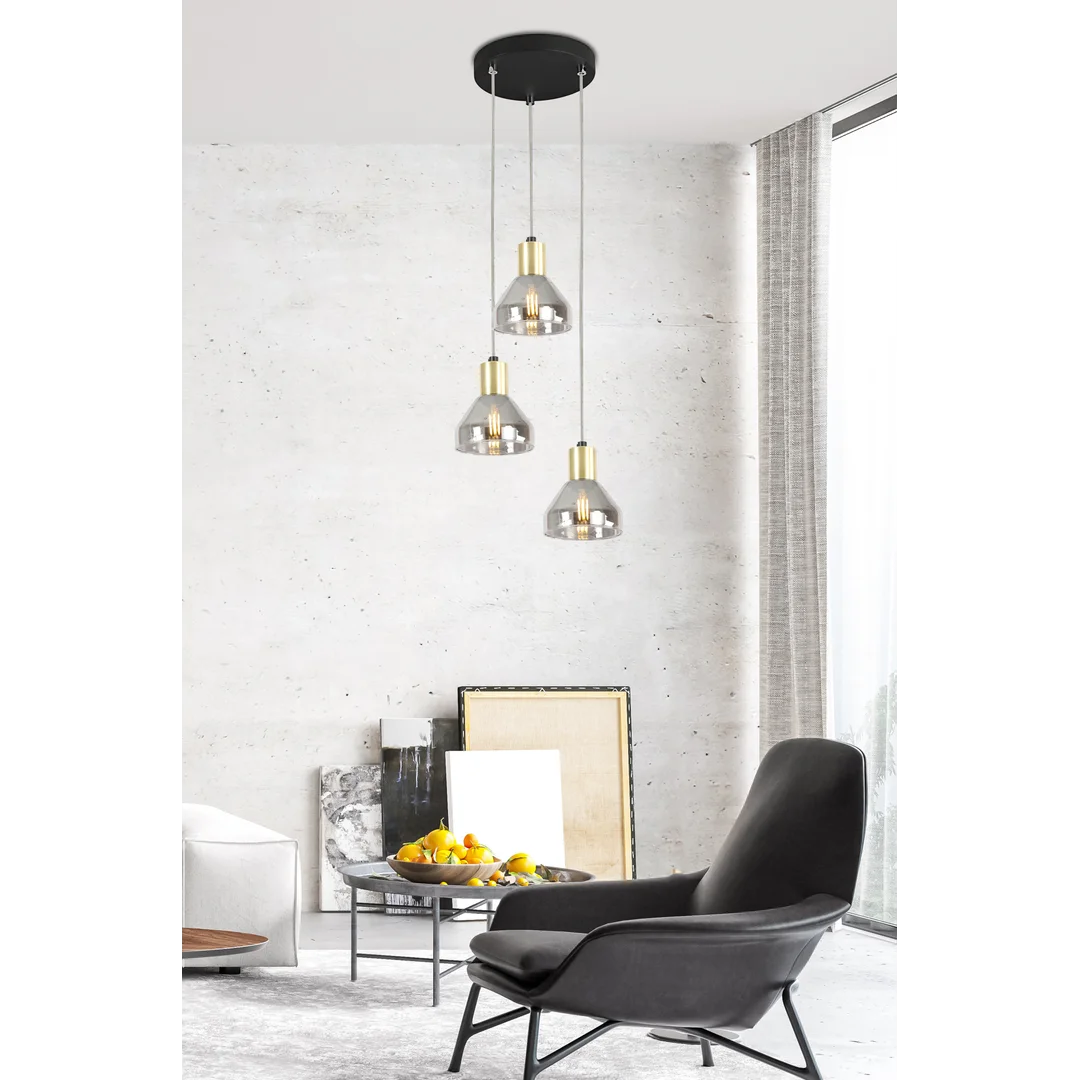 LAMPA WISZĄCA GREGORY TALERZ CZARNY BRĄZ 3X40W E14 KLOSZ DYMIONY — zdjęcie 13