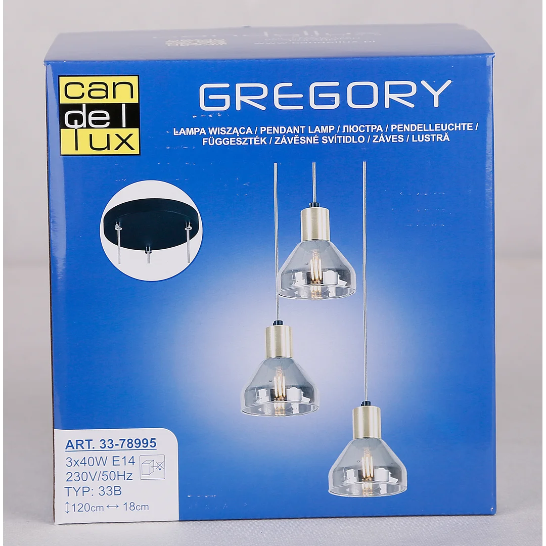 LAMPA WISZĄCA GREGORY TALERZ CZARNY BRĄZ 3X40W E14 KLOSZ DYMIONY — zdjęcie 6