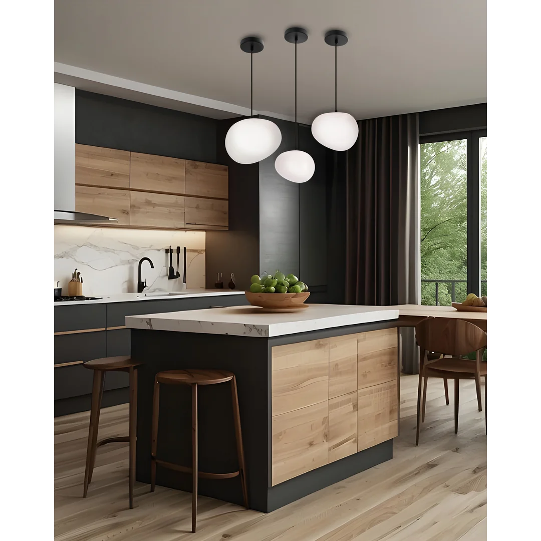 Lampa wisząca STONES 20 cm w stylu Japandi - z białym kloszem inspirowanym kamieniem - minimalistyczne oświetlenie sufitowe do salonu E27 — zdjęcie 4