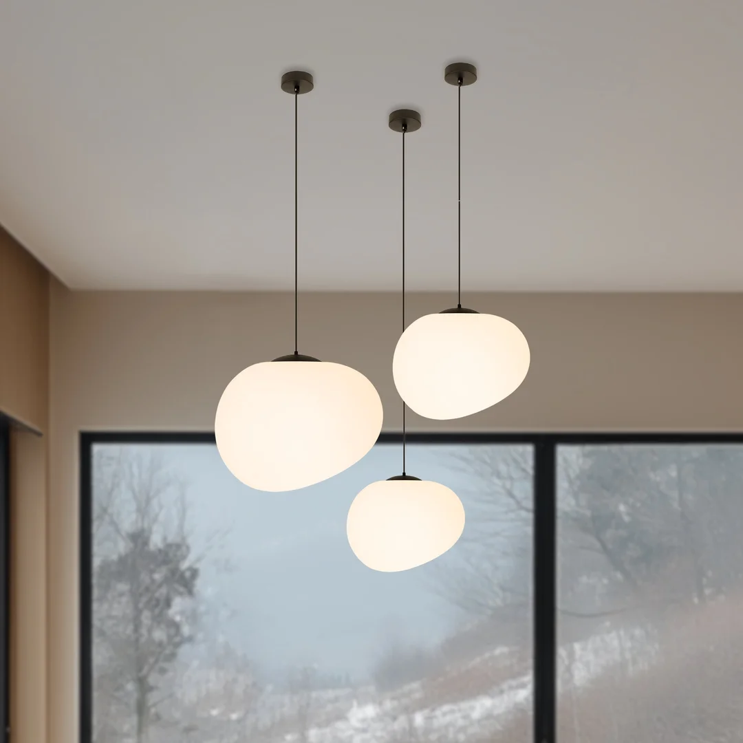 Lampa wisząca STONES 20 cm w stylu Japandi - z białym kloszem inspirowanym kamieniem - minimalistyczne oświetlenie sufitowe do salonu E27 — zdjęcie 5