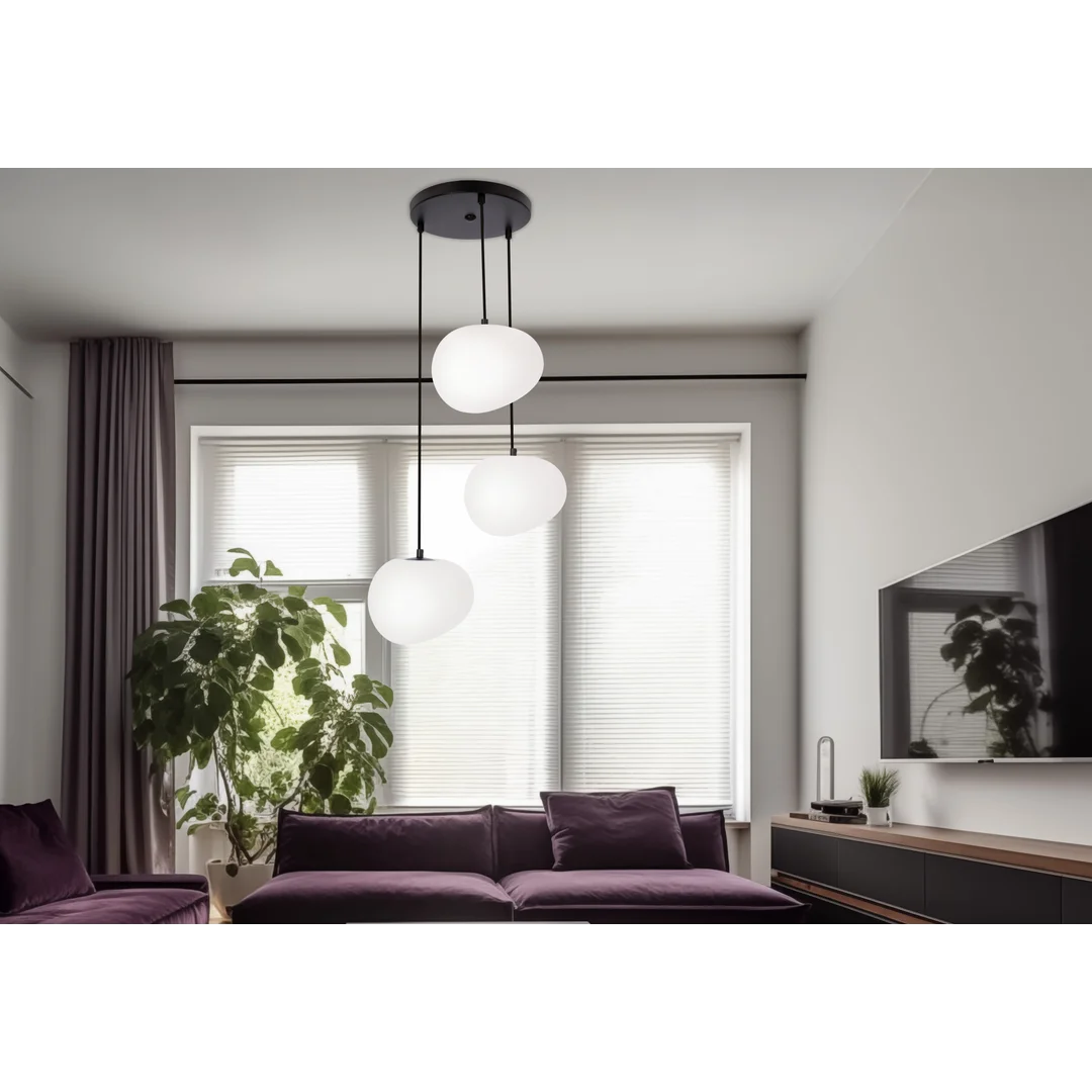 Lampa wisząca STONES w stylu Japandi - okrągła podstawa z kloszami 20 cm w kształcie kamienia - nowoczesne oświetlenie salonu 3x E27 — zdjęcie 2