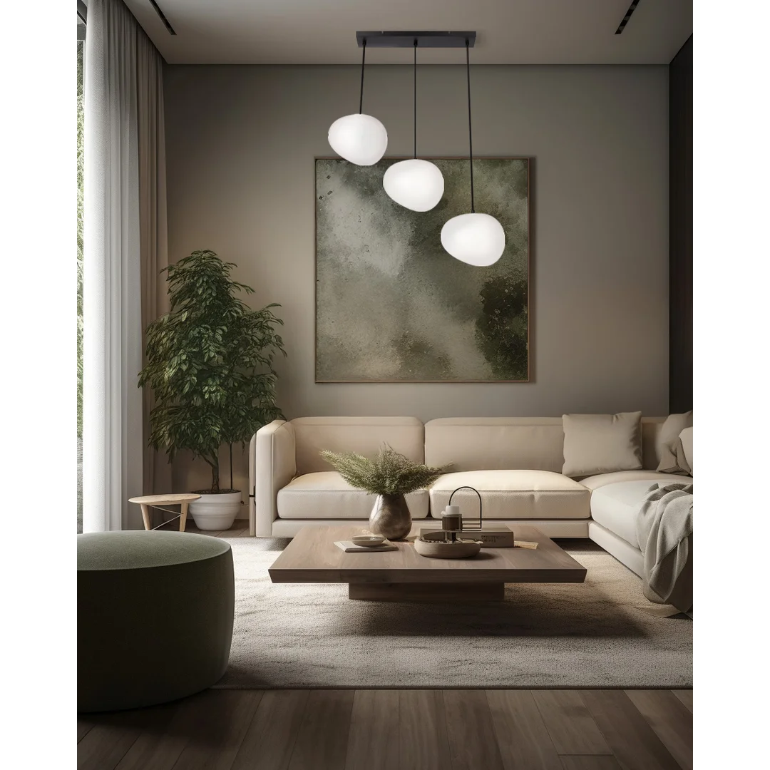 Lampa wisząca STONES w stylu Japandi - podłużna podstawa z kloszami 20 cm w kształcie kamienia - minimalistyczna lampa nad stół 3x E27 — zdjęcie 4